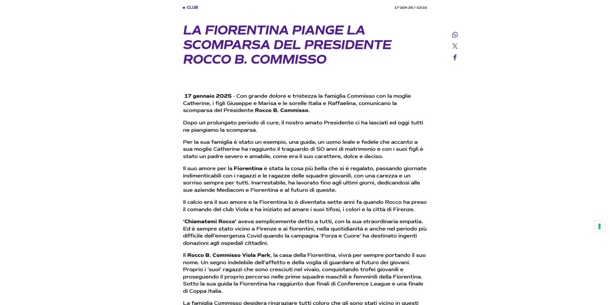 Fiorentina, è morto il presidente Commisso