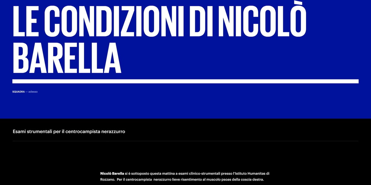 Inter, per Barella lieve risentimento allo psoas