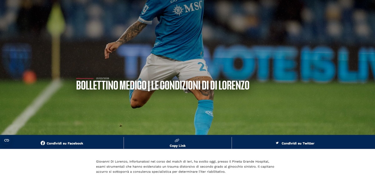 Napoli: Di Lorenzo trauma distorsivo al ginocchio, out 6-8 settimane