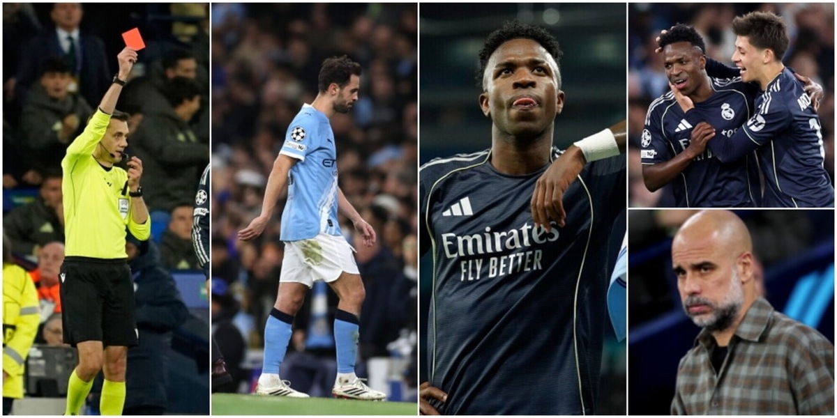 Bernardo Silva espulso, il Real passeggia a Manchester e Vinicius si vendica