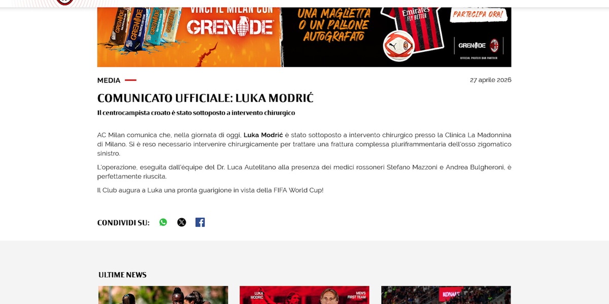 Milan, Modric operato: stagione finita, mirino sul Mondiale