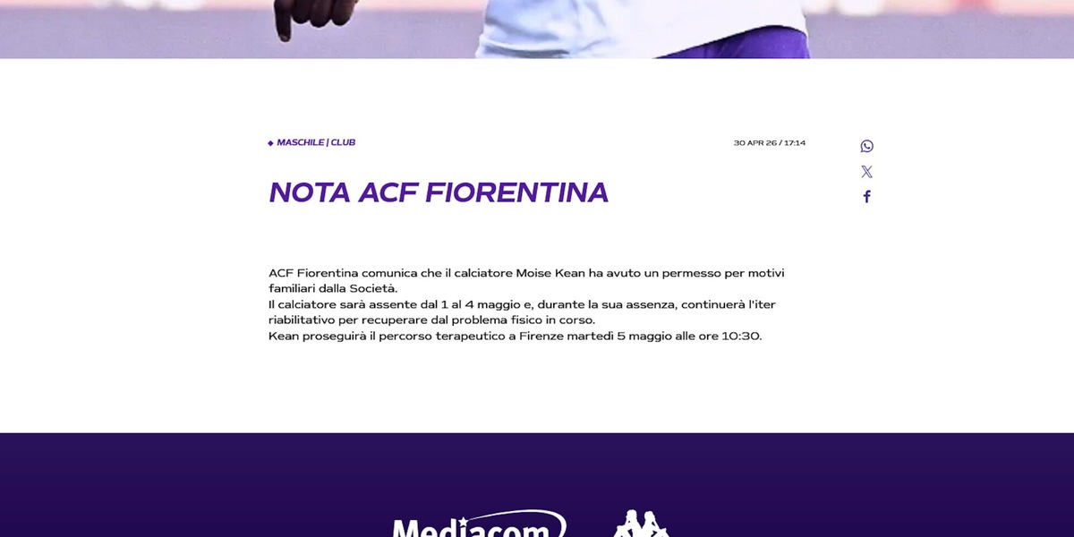 Fiorentina, Kean out anche con la Roma