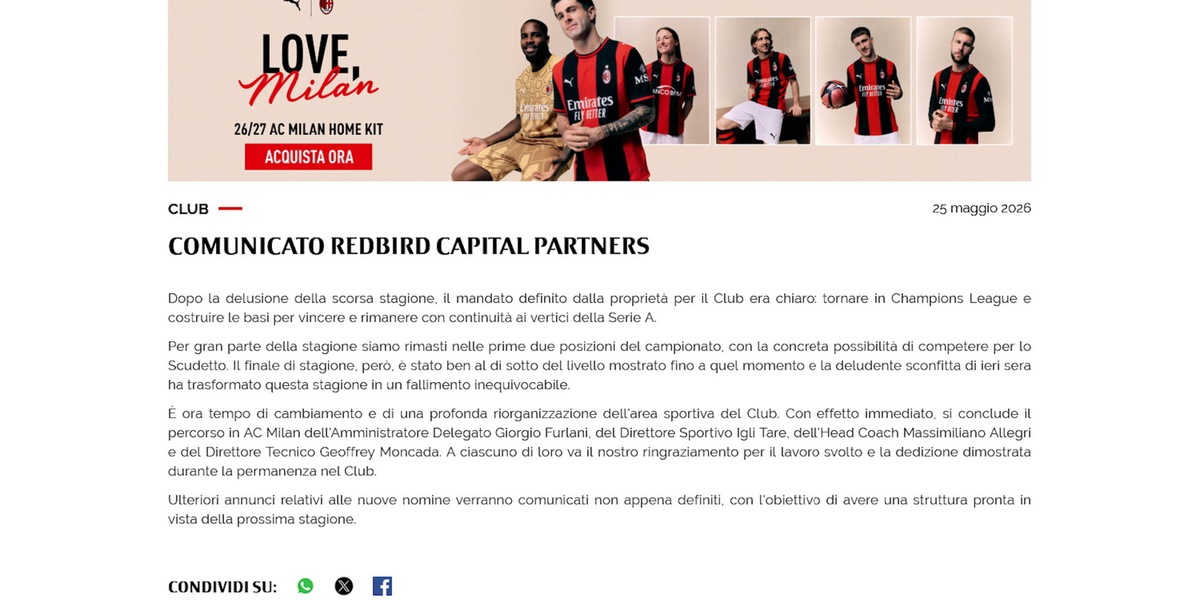 Milan, ufficiale: via Tare, Moncada, Furlani e Allegri