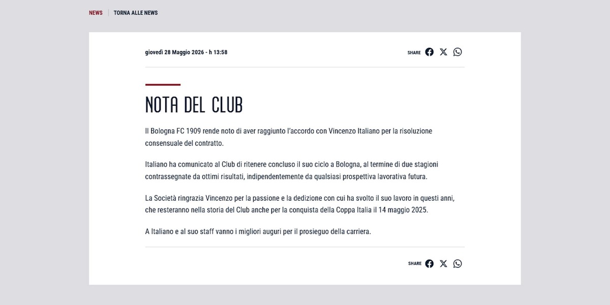 Ufficiale, Bologna: Italiano lascia il club rossoblù