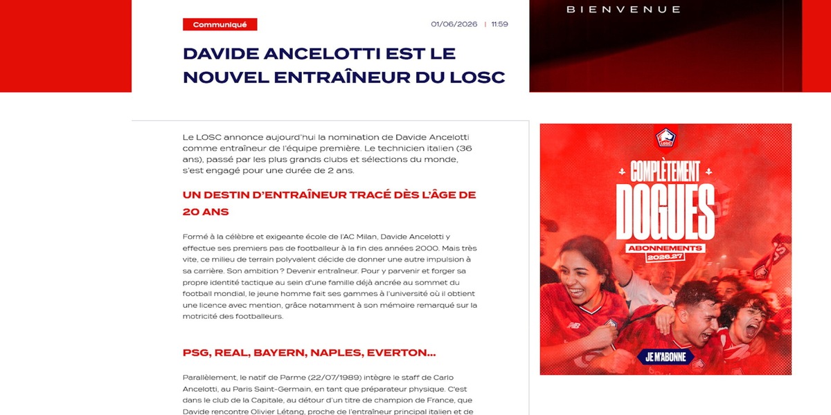 Ligue 1, ufficiale: il Lille annuncia Davide Ancelotti come nuovo allenatore