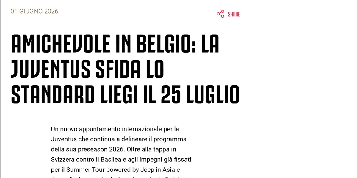 Juve, estate ricca di amichevoli: il 25 luglio sarà sfida contro lo Standard Liegi
