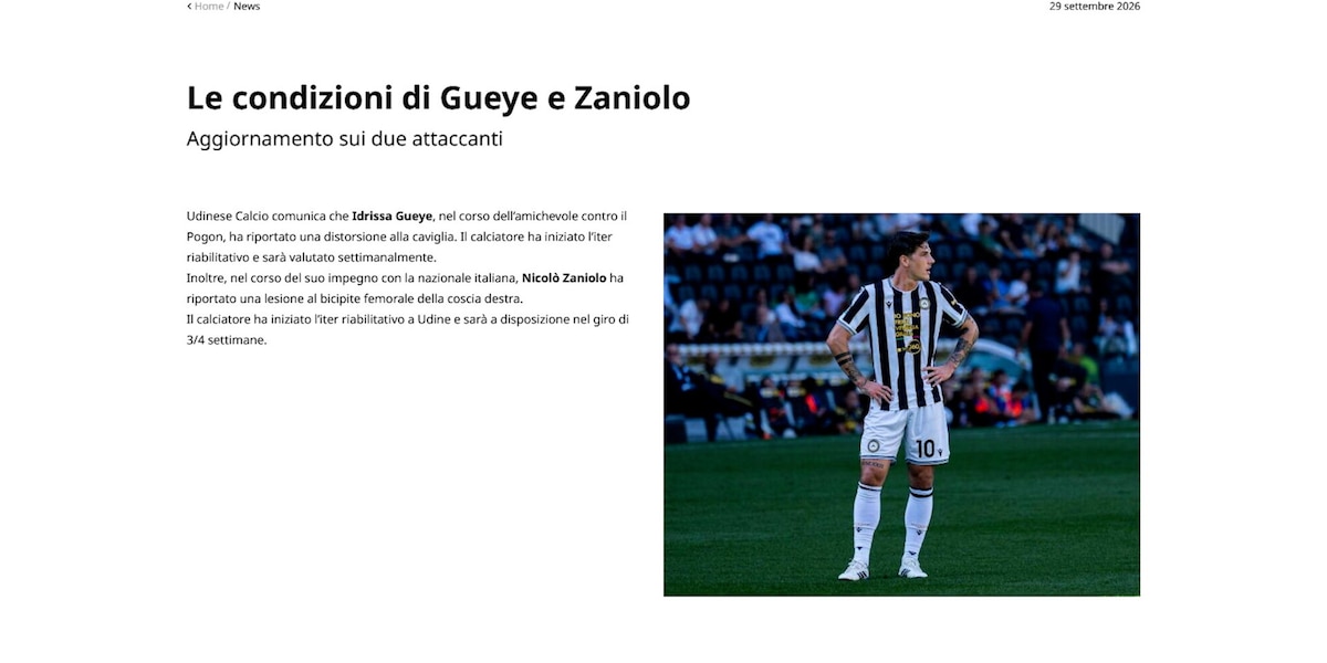Udinese, stop Zaniolo: c'è lesione al bicipite