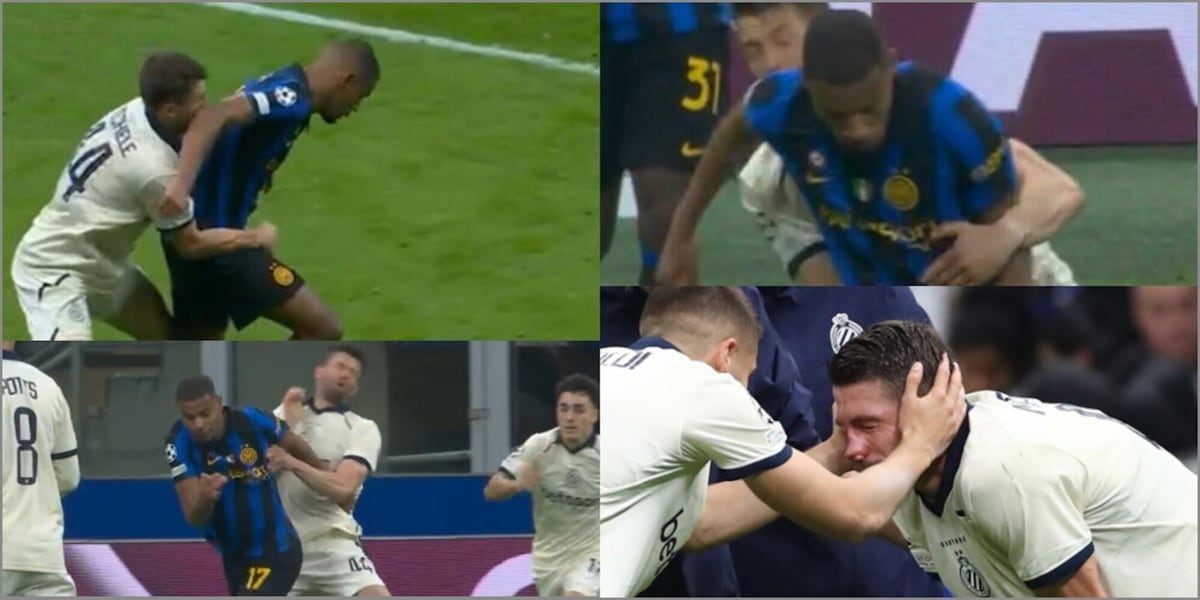 La violenta gomitata di Diouf a Mechele in area Inter: naso spaccato, tutto regolare