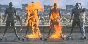 Cristiano Ronaldo brucia, statua in fiamme sui social. Il folle vandalo: “È l’ultimo avvertimento”