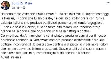 Coronavirus, Di Maio: "Grazie alla Ferrari"