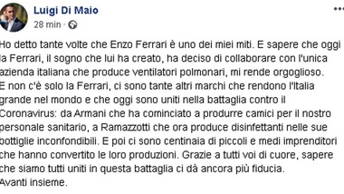 Coronavirus, Di Maio: "Grazie alla Ferrari"