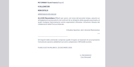 Milan, Allegri multato di 10.000 euro per le offese a Oriali