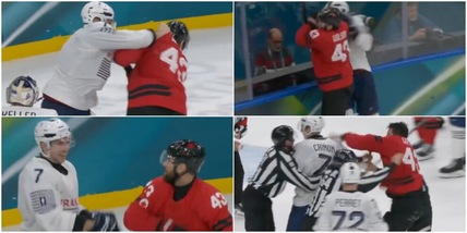 Rissa in Canada-Francia di hockey su ghiaccio: finiscono a terra anche gli arbitri!