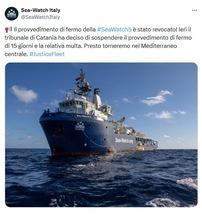 Sea Watch 5, 'Tribunale di Catania ha sospeso il fermo'
