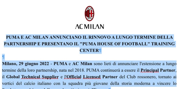 Puma e Milan, un rinnovo a lungo termine