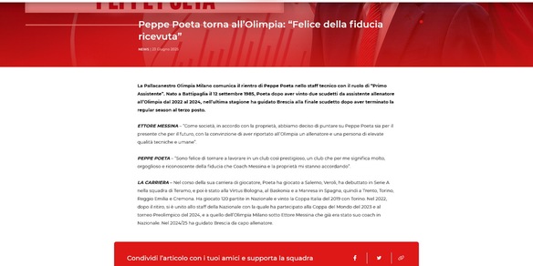 Basket, Peppe Poeta torna all'Olimpia Milano