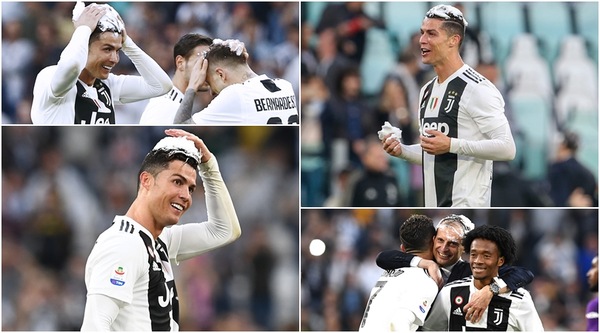 Juve, festa scudetto con la schiuma: "colpiti" Ronaldo e Allegri