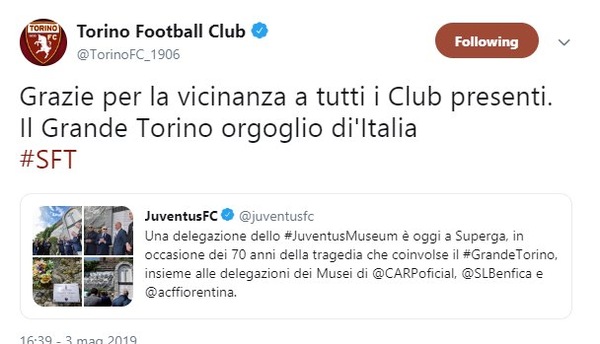 Omaggio al Grande Torino: i granata ringraziano la Juventus