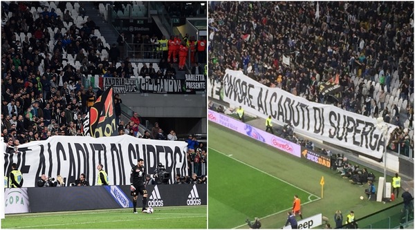Juve, striscione dei tifosi in onore di Superga