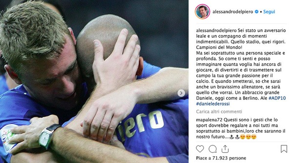 Del Piero saluta De Rossi: «So come ti senti»