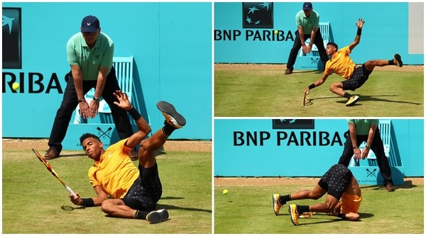 Auger-Aliassime, caduta rovinosa al Queen's! Poi si rialza e batte Tsitsipas