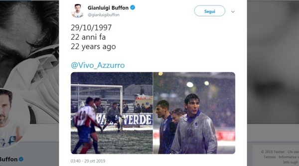 Buffon ricorda l'esordio in azzurro 22 anni dopo: celebrato anche dall'Uefa