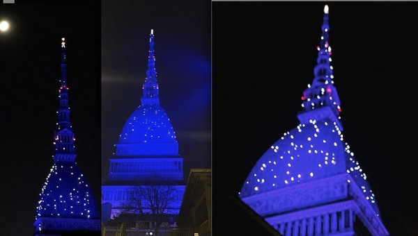 Torino, che spettacolo la Mole che si tinge di blu
