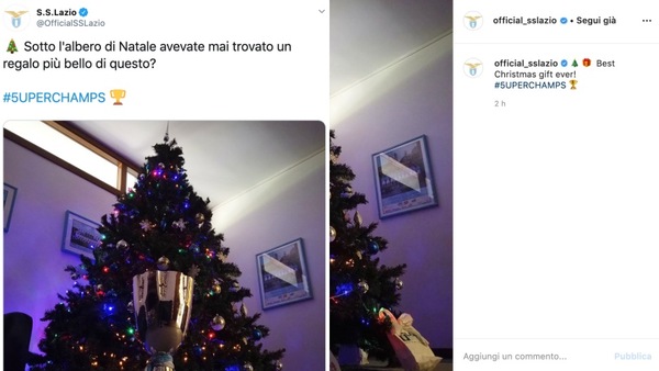 Lazio, post con la foto della Supercoppa sotto l’albero di Natale