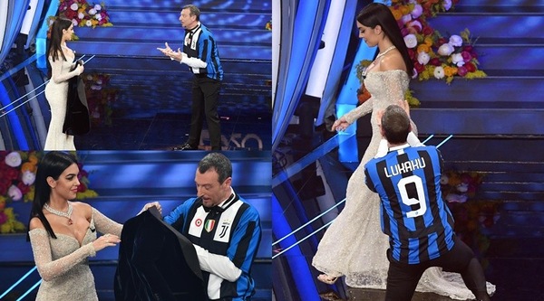 Georgina punzecchia Amadeus, è Juve-Inter sul palco di Sanremo