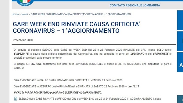 Allarme Coronavirus, in Lombardia rinviate 88 gare