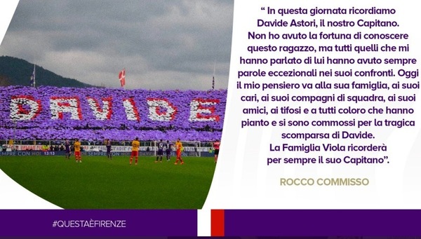 Astori, l'omaggio di Commisso: "La Fiorentina ricorderà sempre il suo Capitano"