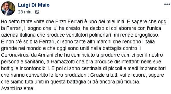 Coronavirus, Di Maio: "Grazie alla Ferrari"