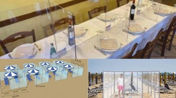 Plexiglass al mare e al ristorante: le foto sui social fanno rabbrividire