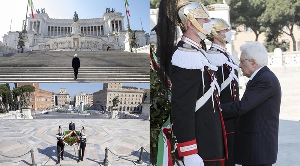Mattarella con la mascherina posa una corona sulla tomba del milite ignoto per la 75ª Festa della Liberazione