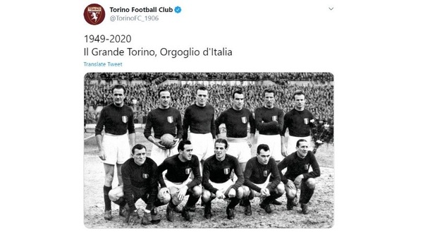 Torino, il ricordo di Superga: "1949-2020, Orgoglio d'Italia"