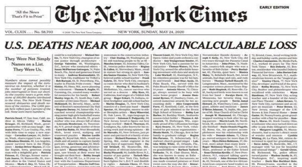 Il New York Times pubblica i nomi di mille vittime di Coronavirus