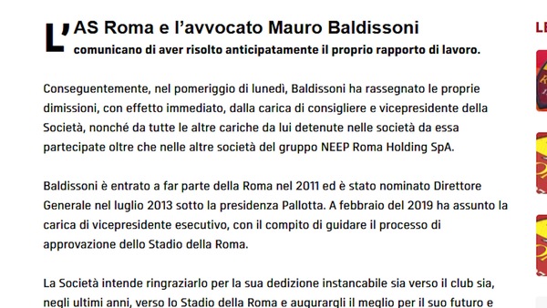Roma, Baldissoni lascia il club con effetto immediato