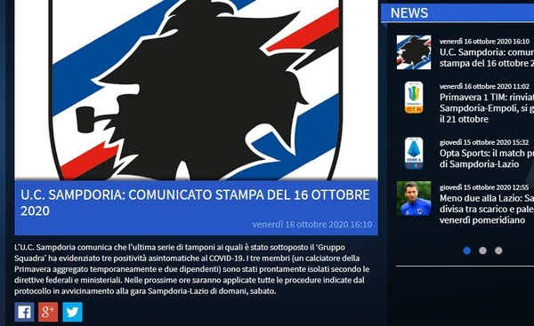 Coronavirus, alla Sampdoria tre positivi nel gruppo squadra