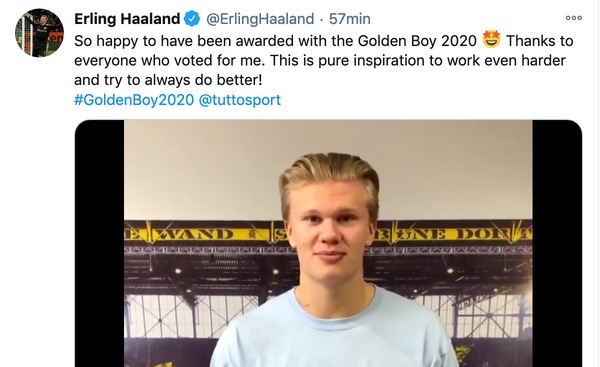 Haaland: «Grazie per il Golden Boy, cercherò di fare anche meglio»