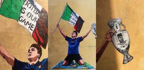 Chiesa sventola il tricolore e alza la coppa: spunta il murale tra i vicoli di Roma