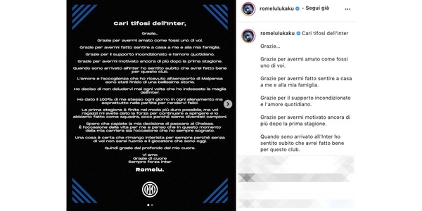 Lukaku saluta i tifosi dell'Inter: "Grazie per avermi amato come fossi uno di voi"