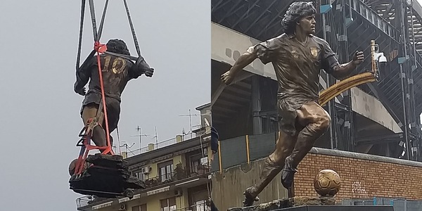 Maradona, l'emozionante posa della statua di fronte allo stadio