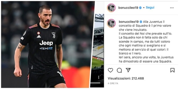 Juve, Bonucci ringrazia gli addetti al campo: "Siamo una squadra"