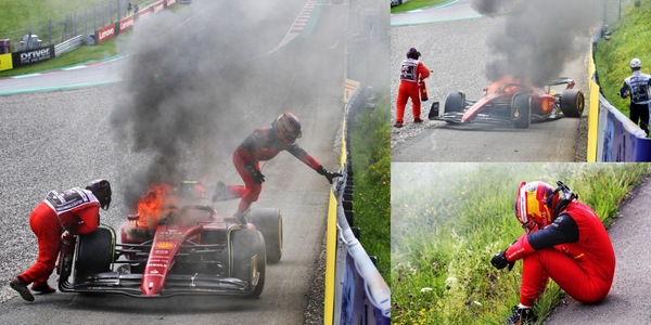 Sainz costretto al ritiro: le FOTO della Ferrari in fiamme