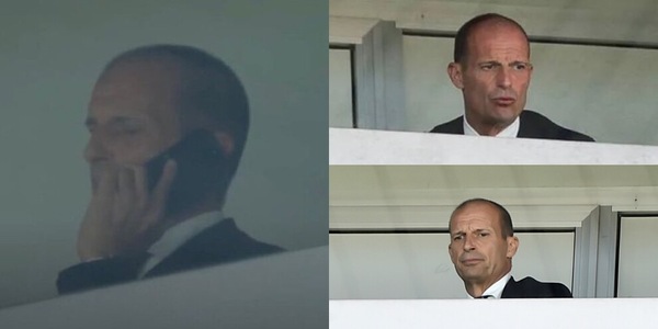 Monza-Juve, Allegri al telefono in tribuna durante la partita
