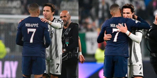 Juventus-Psg, Chiesa in campo: Mbappé, abbraccio e scambio maglia