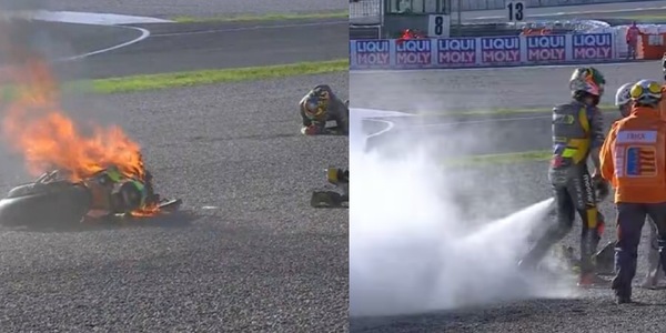 MotoGp, Bezzecchi cade in curva 7 e la Ducati prende fuoco