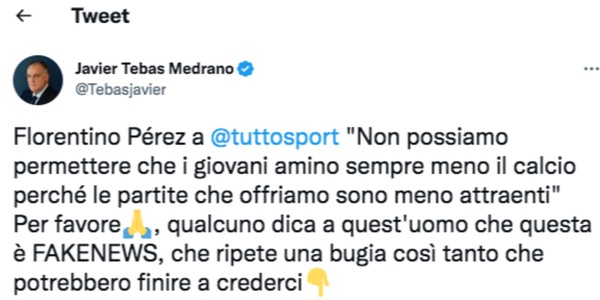 Tebas si arrabbia con Perez: "Non è vero che i giovani amano meno il calcio"