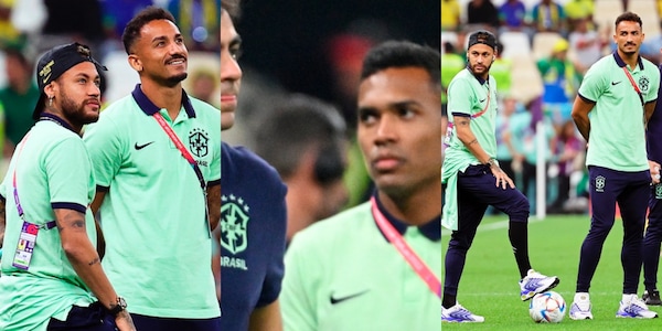 Danilo, Alex Sandro e Neymar in campo durante il riscaldamento del Brasile