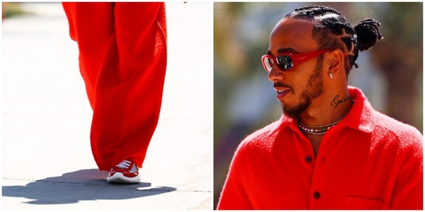 Hamilton, look rosso Ferrari in Bahrain